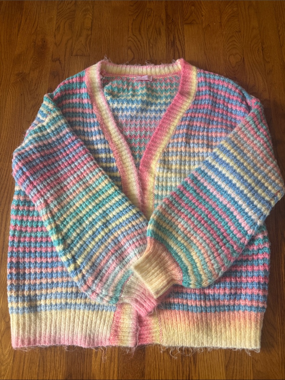 Pink Lily Pastel Multicolor Stripe V-Neck Cardigan — Pink, Blue, Yellow, Cream